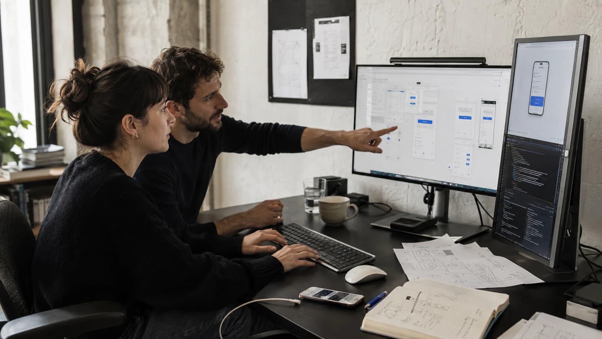 Two professionals developing and reviewing a web interface together