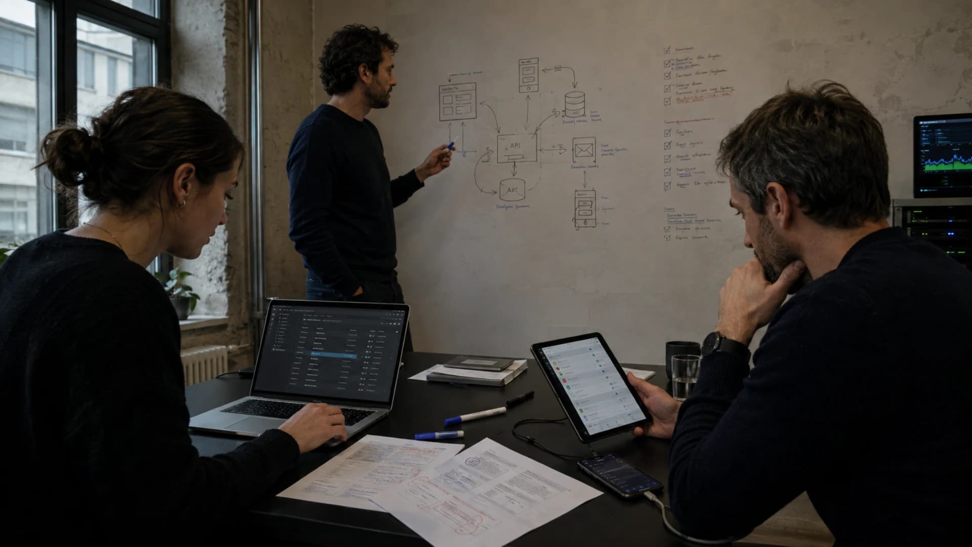 Professionals reviewing architecture, integrations, and software release status