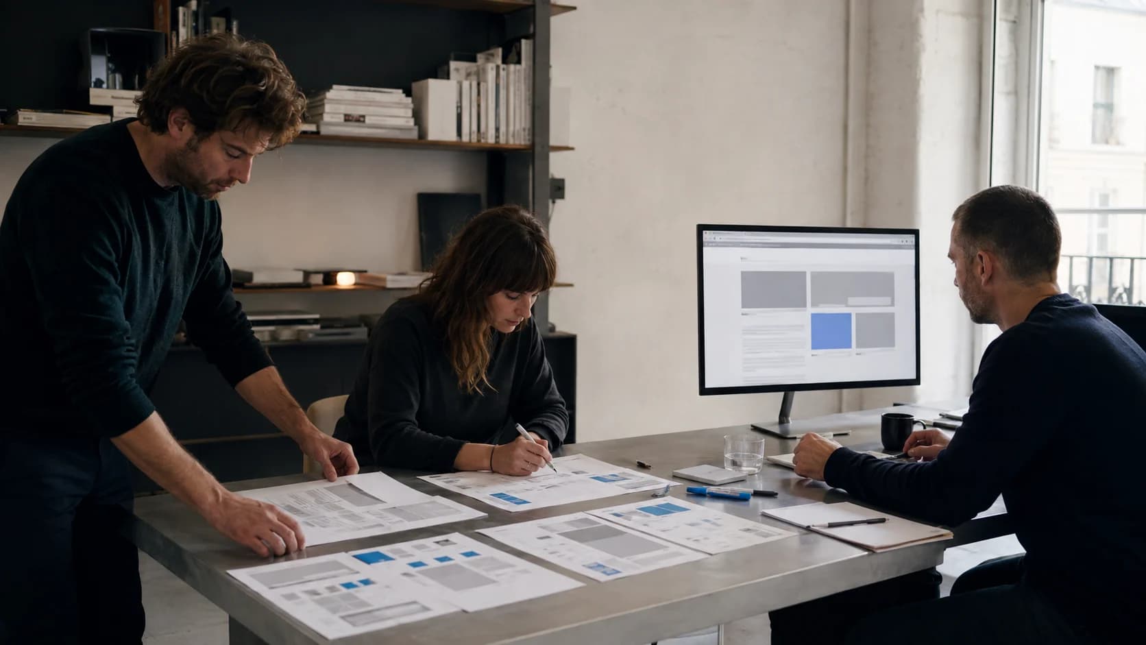 Three professionals reviewing the architecture of a digital product around a working table