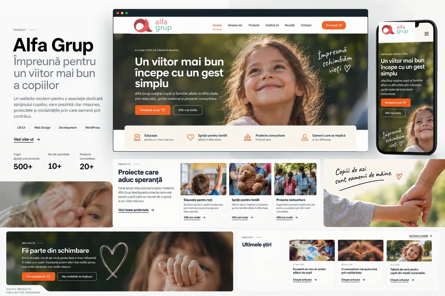 Representative Asociația Alfa Grup composition showing the website on desktop and mobile, projects for children, and ways to participate