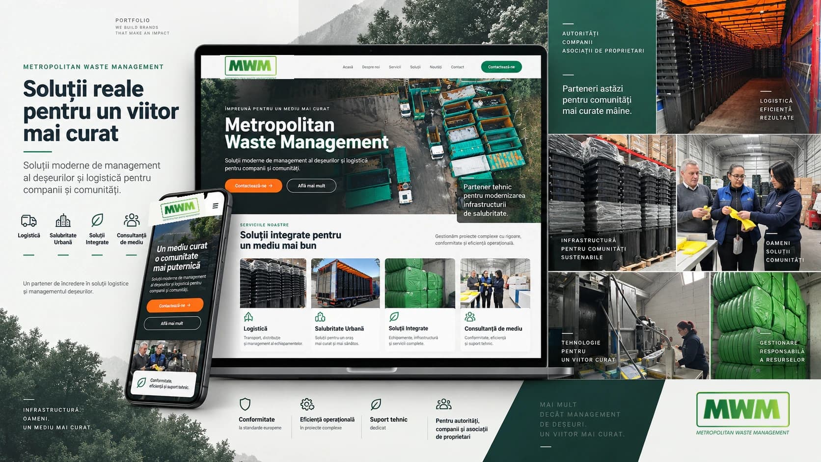 Compoziție reprezentativă Metropolitan Waste Management cu interfețe desktop și mobile, infrastructură logistică și servicii de management al deșeurilor