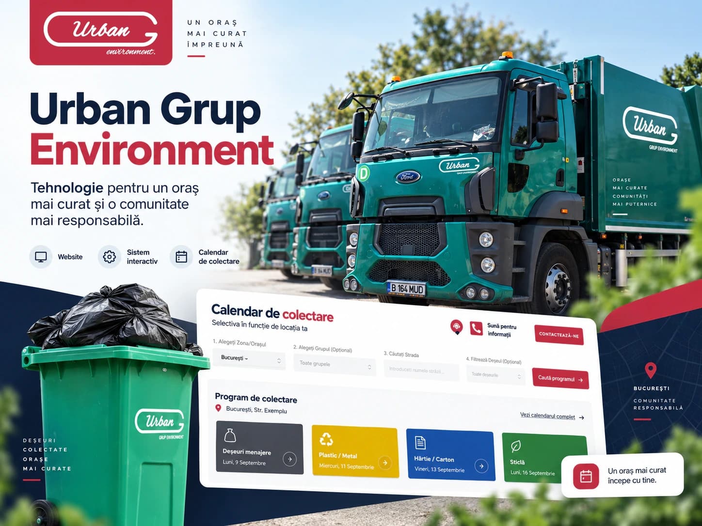 Compoziție Urban Grup Environment cu autospeciale, recipient de colectare și interfața calendarului digital